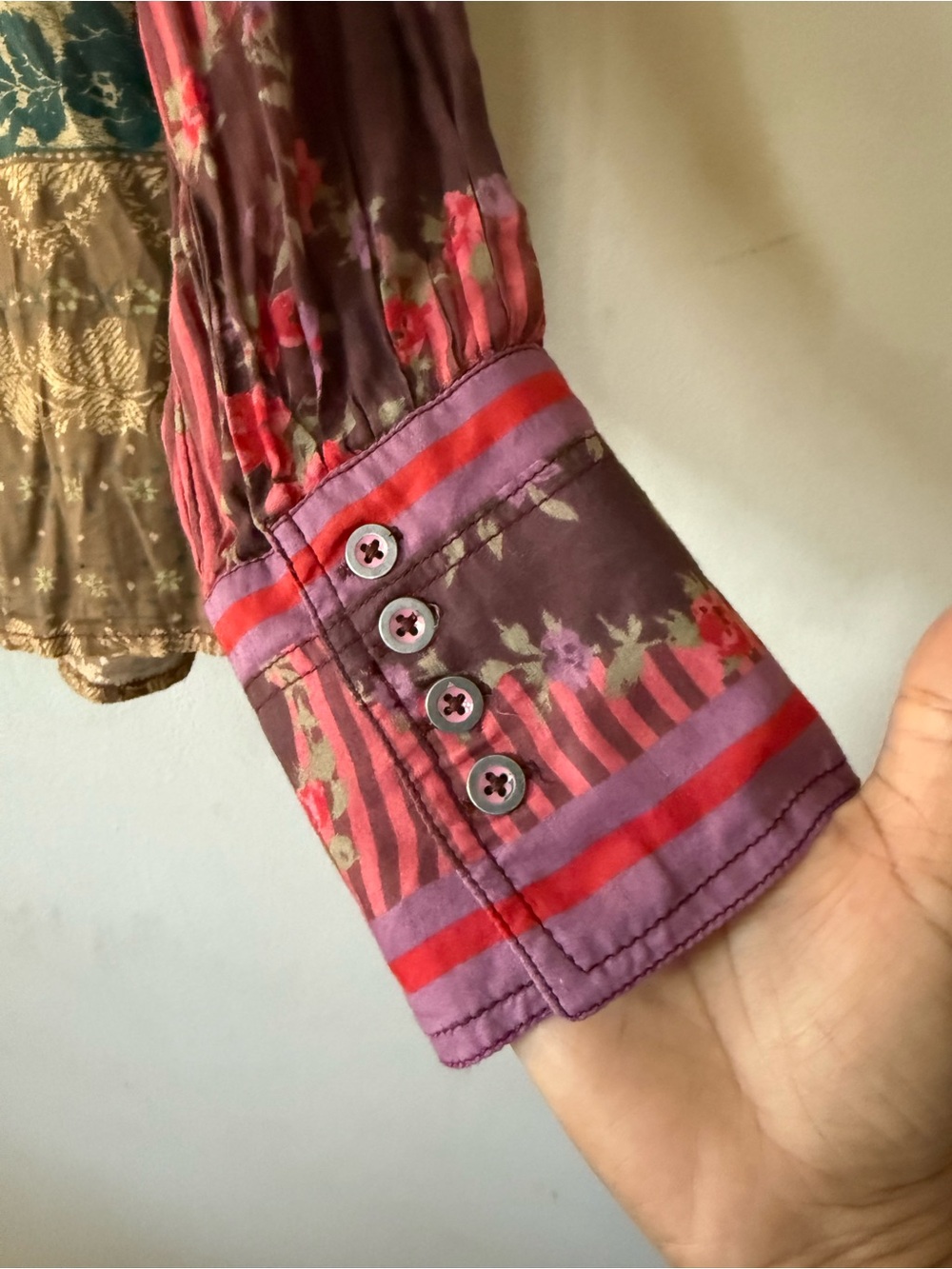 We The Free Free People Large Patchwork Floral Button Down Shirt Brown Green L - Picture 5 of 9